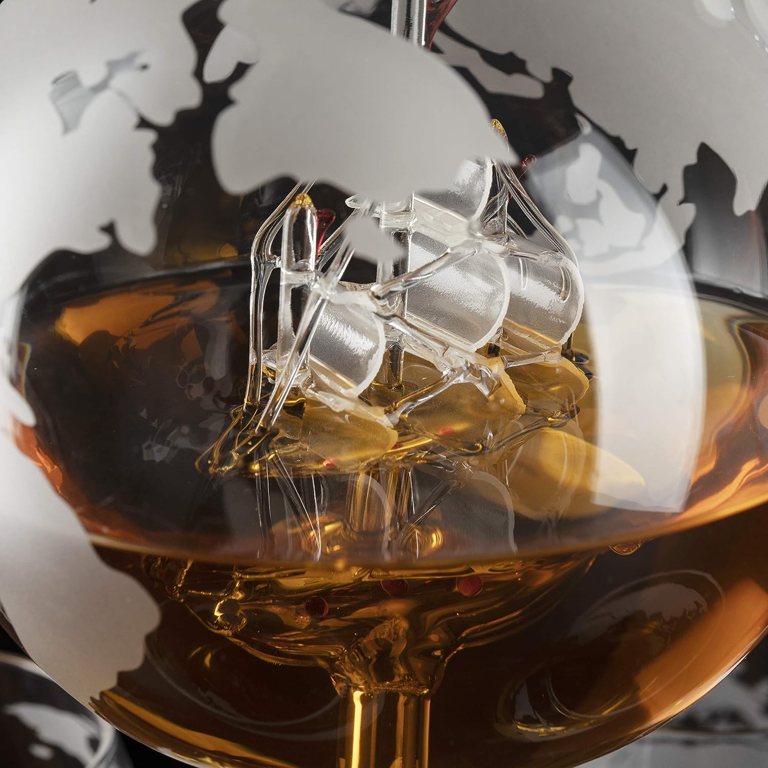 Etched World Decanter whiskey Globe - The Wine Savant Whiskey Gift Set Globe Decanter 750 ml with Antique Ship, Whiskey Stones and 4 World Map 10oz Glasses, Great Gift - Alcohol Related Gift, HOME BAR-2