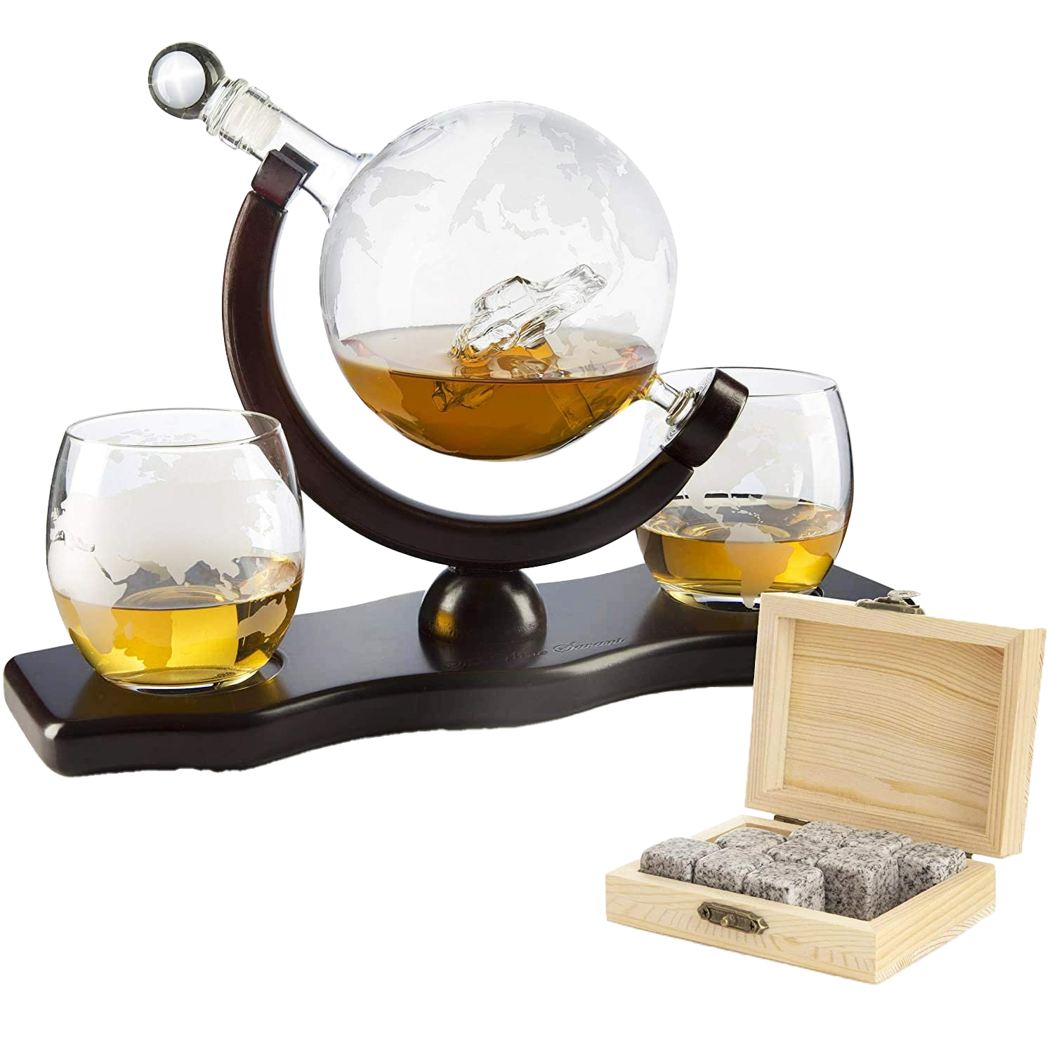 The Wine Savant Globe Car Whiskey Decanter - With 2 Globe Glasses, Includes Whiskey Stones For Whiskey, Scotch, Bourbon or Wine Matching Globe Glasses, HOME BAR DECOR Clear-0