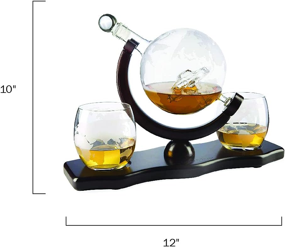 The Wine Savant Globe Car Whiskey Decanter - With 2 Globe Glasses, Includes Whiskey Stones For Whiskey, Scotch, Bourbon or Wine Matching Globe Glasses, HOME BAR DECOR Clear-3