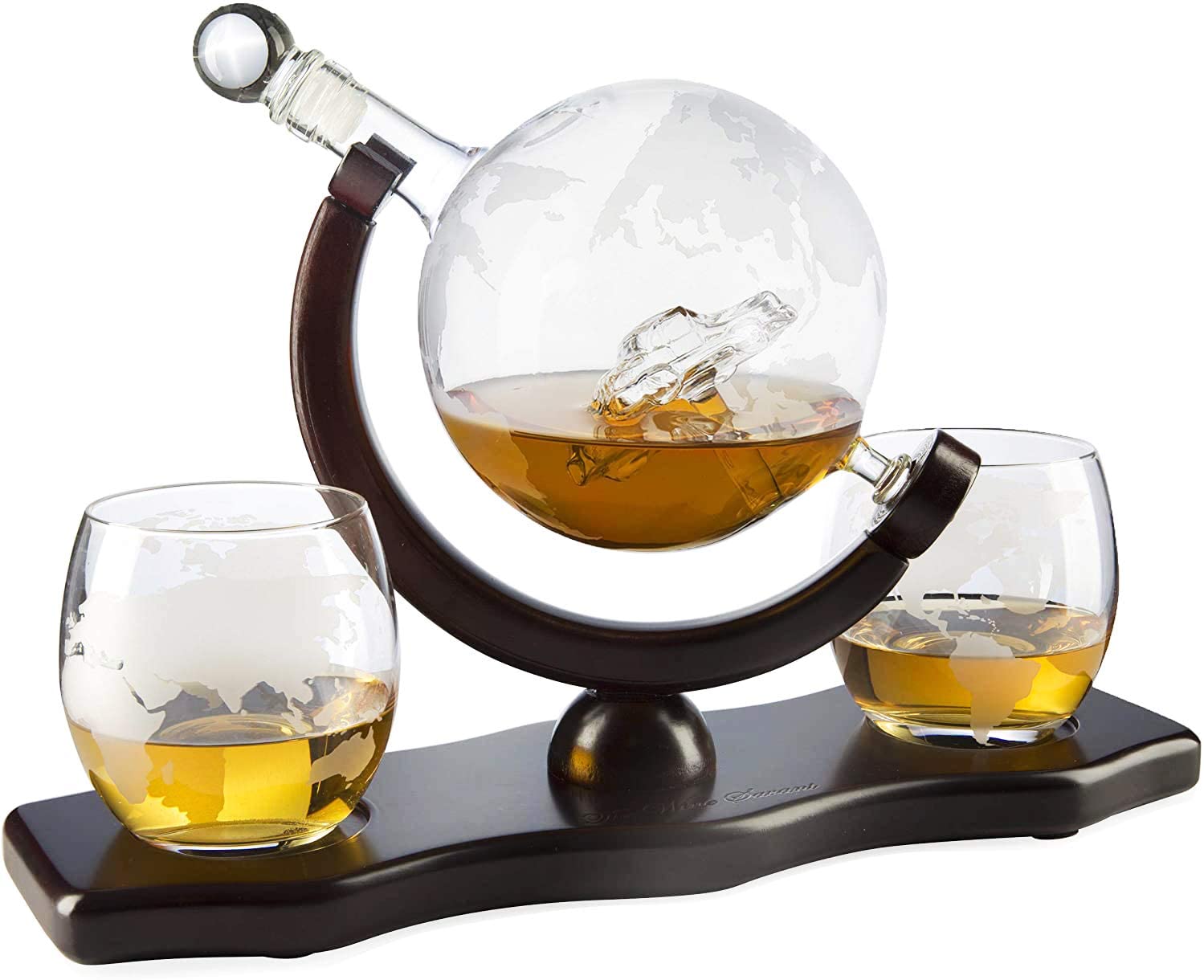 The Wine Savant Globe Car Whiskey Decanter - With 2 Globe Glasses, Includes Whiskey Stones For Whiskey, Scotch, Bourbon or Wine Matching Globe Glasses, HOME BAR DECOR Clear-2