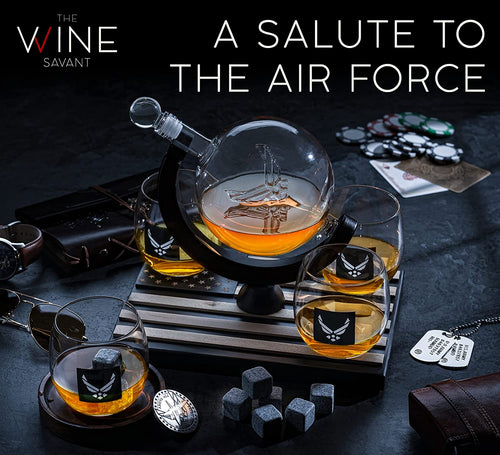 Airforce Whiskey Decanter Set with 4 Liquor Glasses Air Force Whisky Decanter & Glass Set with Wood Base & 9 Whiskey Stones - US Airforce Gifts for Men - Globe Bourbon & Scotch Gifts for Dad-1