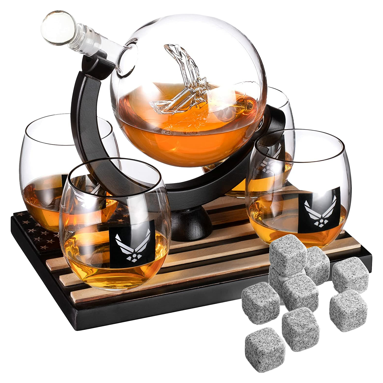 Airforce Whiskey Decanter Set with 4 Liquor Glasses Air Force Whisky Decanter & Glass Set with Wood Base & 9 Whiskey Stones - US Airforce Gifts for Men - Globe Bourbon & Scotch Gifts for Dad-0