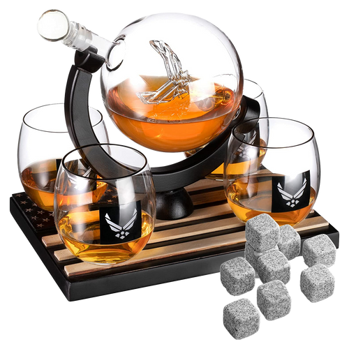 Airforce Whiskey Decanter Set with 4 Liquor Glasses Air Force Whisky Decanter & Glass Set with Wood Base & 9 Whiskey Stones - US Airforce Gifts for Men - Globe Bourbon & Scotch Gifts for Dad-0
